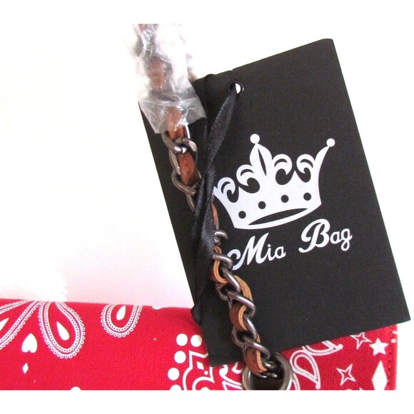 DESIGNER MIA BAG RED & WHITE BANDANA PRINT WHITE POM-POM CHARM CHAIN BAG - Picture 15 of 16
